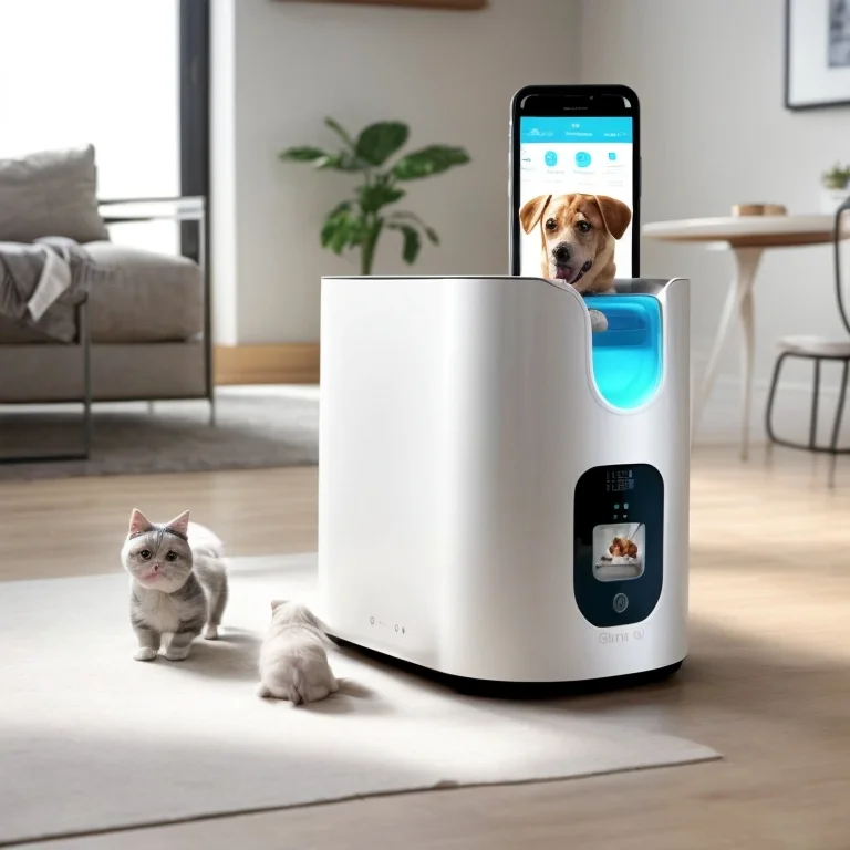 Mascota feliz disfrutando de alimentación automática
